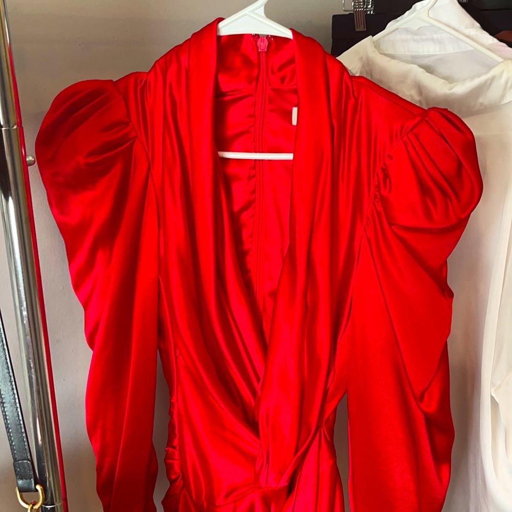 Red Satin mini fitted puff sleeves open front